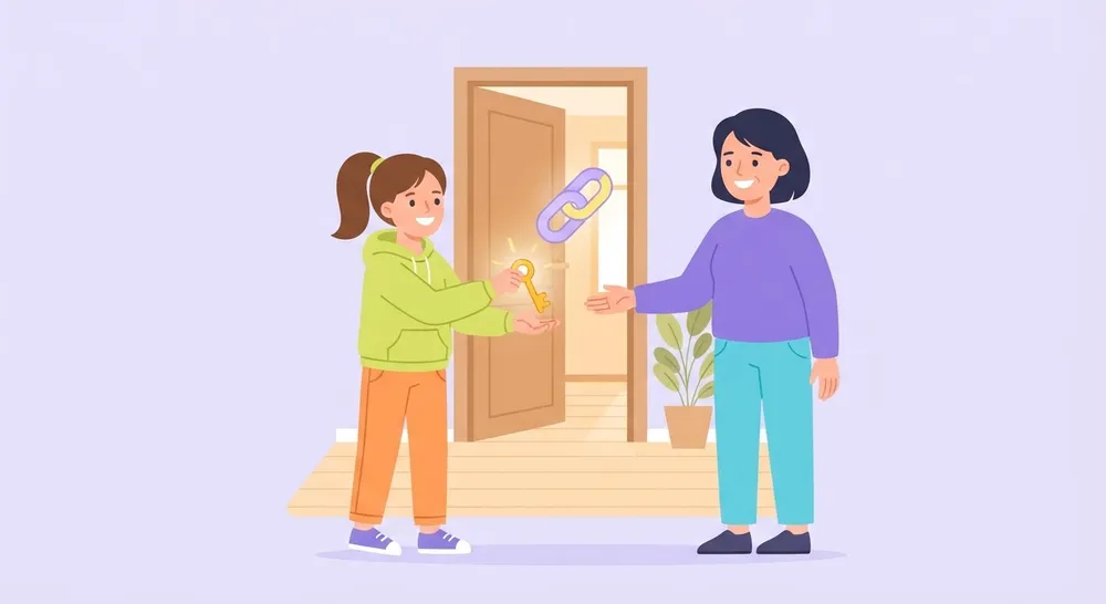 A learner handing a key to a parent, with a visible link between them
