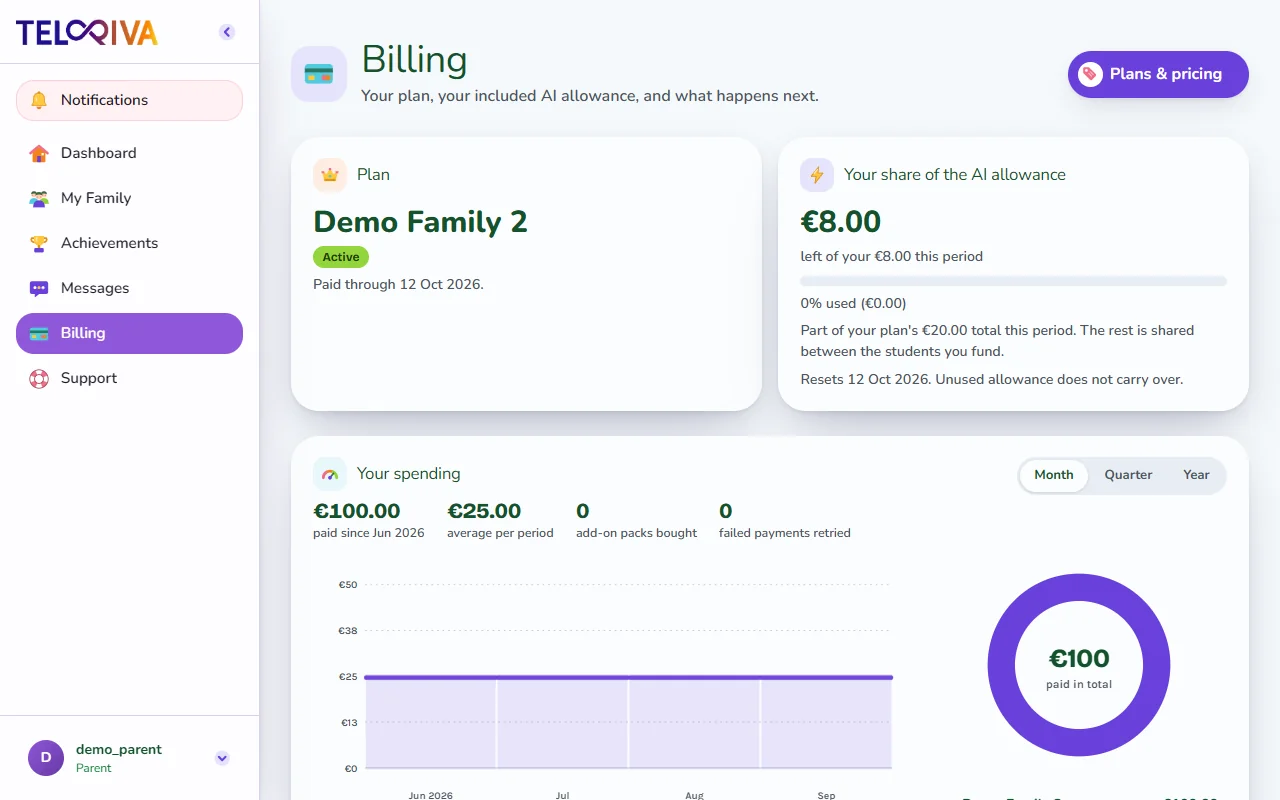 Family plan billing status and AI allowance overview