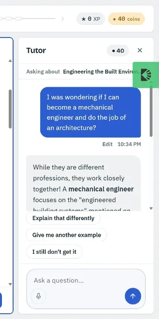 Conversational AI tutor drawer and hints